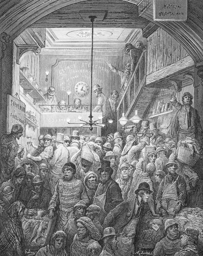Billingsgate - Early Morning, "Lontoo, pyhiinvaellus", kirjoittanut William Blanchard Jerrold (1826-94), kaivertanut A. Doms, pub. 1872 tekijältä Gustave Dore